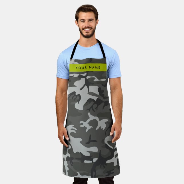 Grey Camouflage Pattern, Your name, Personalise Apron (Worn)