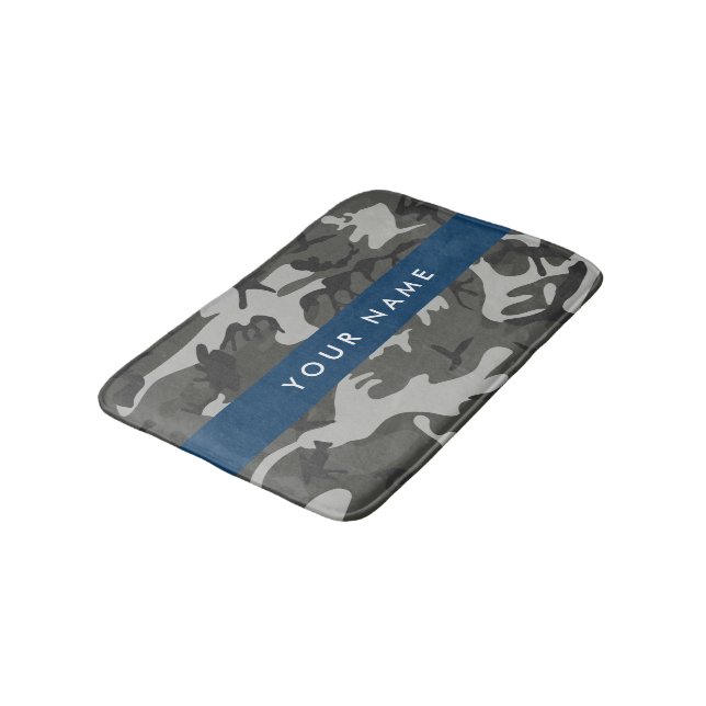 Grey Camouflage Pattern, Your name, Personalise Bath Mat (Angled)