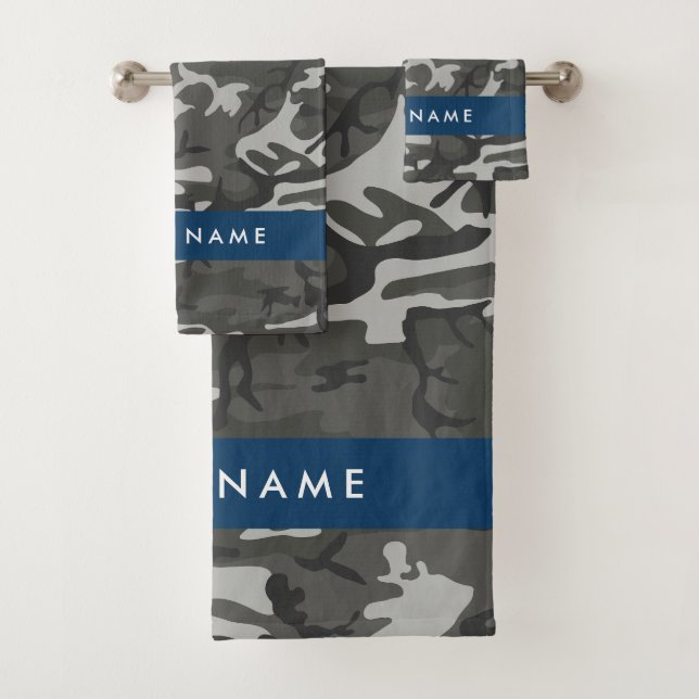 Grey Camouflage Pattern, Your name, Personalise Bath Towel Set (Insitu)