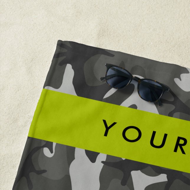 Grey Camouflage Pattern, Your name, Personalise Beach Towel (In Situ)