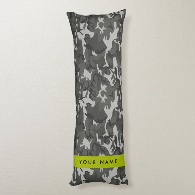 Grey Camouflage Pattern, Your name, Personalise Body Cushion (Back (Vertical))