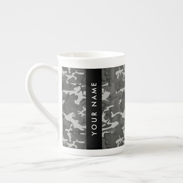 Grey Camouflage Pattern, Your name, Personalise Bone China Mug (Left)