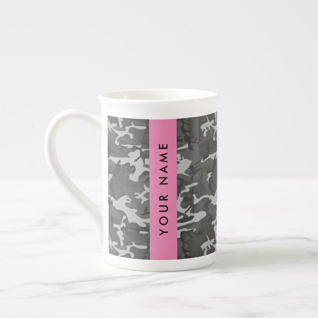 Grey Camouflage Pattern, Your name, Personalise Bone China Mug (Left)