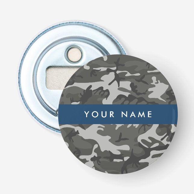 Grey Camouflage Pattern, Your name, Personalise Bottle Opener (Front)