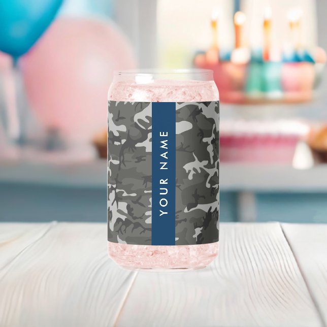 Grey Camouflage Pattern, Your name, Personalise Can Glass (Insitu (Baby Shower))
