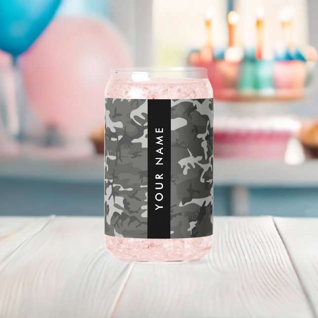 Grey Camouflage Pattern, Your name, Personalise Can Glass (Insitu (Baby Shower))