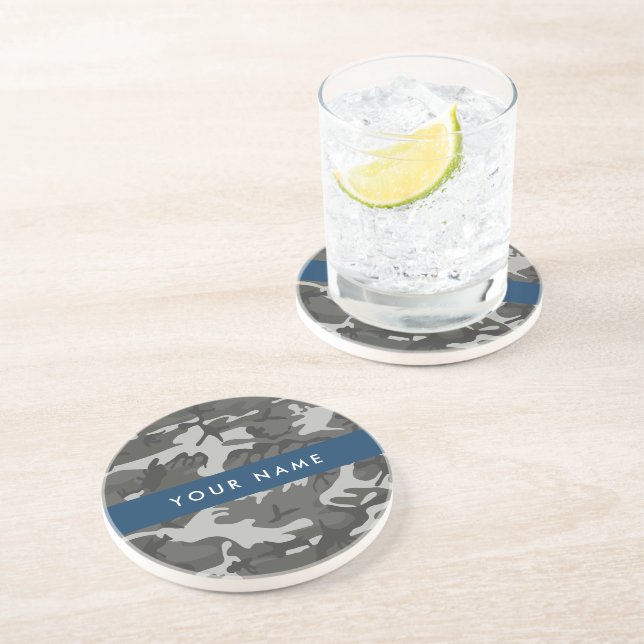 Grey Camouflage Pattern, Your name, Personalise Coaster (Side)
