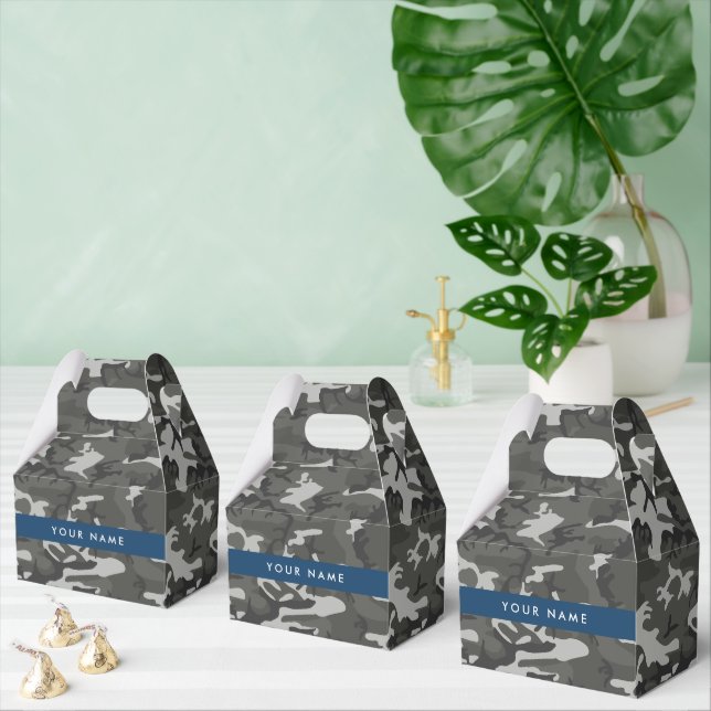 Grey Camouflage Pattern, Your name, Personalise Favour Box (Multiple)