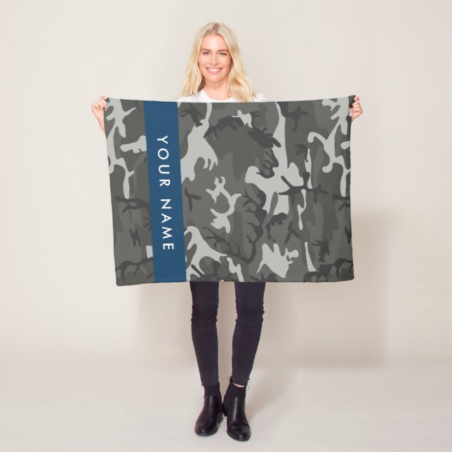 Grey Camouflage Pattern, Your name, Personalise Fleece Blanket (In Situ)