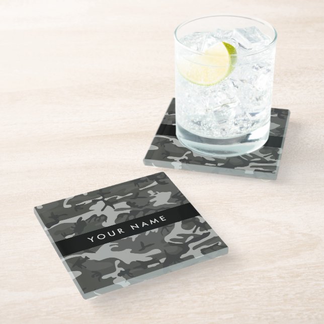Grey Camouflage Pattern, Your name, Personalise Glass Coaster (Angled)