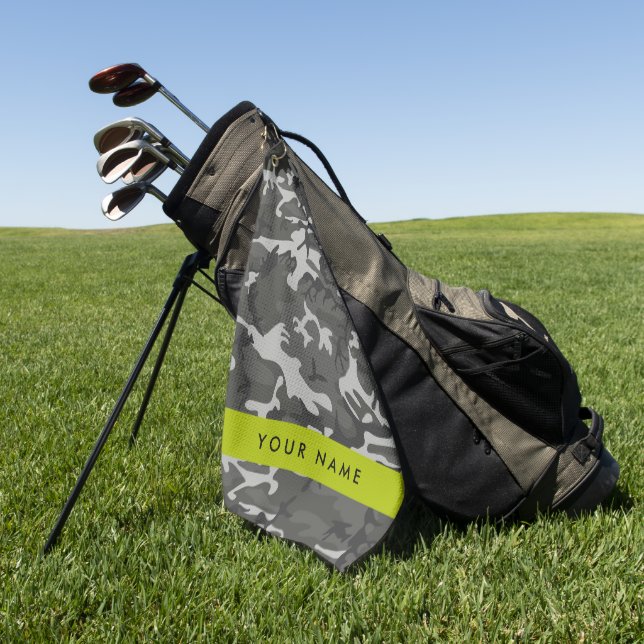 Grey Camouflage Pattern, Your name, Personalise Golf Towel (Green)