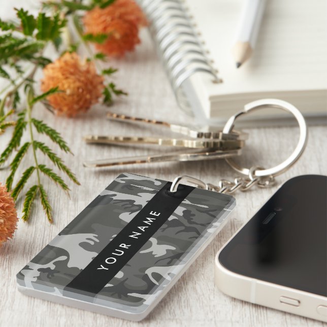 Grey Camouflage Pattern, Your name, Personalise Key Ring (Front Right)