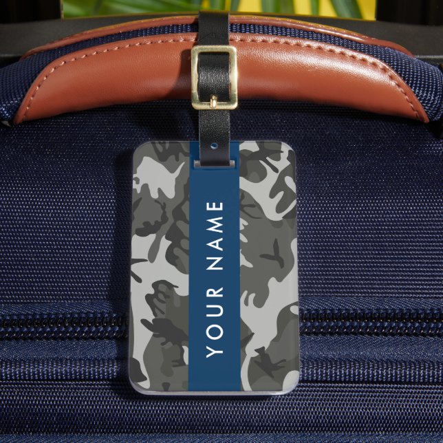 Grey Camouflage Pattern, Your name, Personalise Luggage Tag (Front Insitu 2)