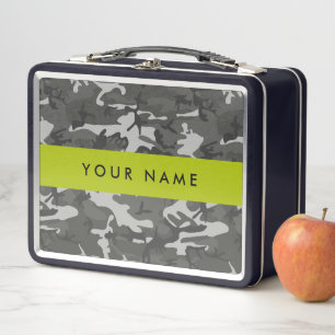 Grey Camouflage Pattern, Your name, Personalise Metal Lunch Box
