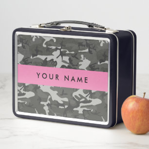 Grey Camouflage Pattern, Your name, Personalise Metal Lunch Box