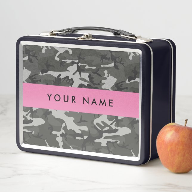 Grey Camouflage Pattern, Your name, Personalise Metal Lunch Box (In Situ)