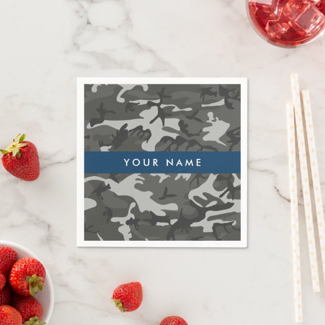 Grey Camouflage Pattern, Your name, Personalise Napkin (Insitu)
