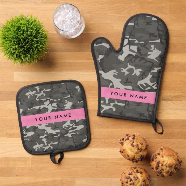 Grey Camouflage Pattern, Your name, Personalise Oven Mitt & Pot Holder Set (Top Down)