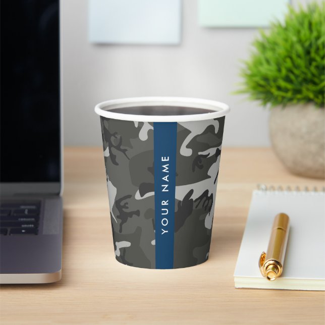 Grey Camouflage Pattern, Your name, Personalise Paper Cups (Insitu)