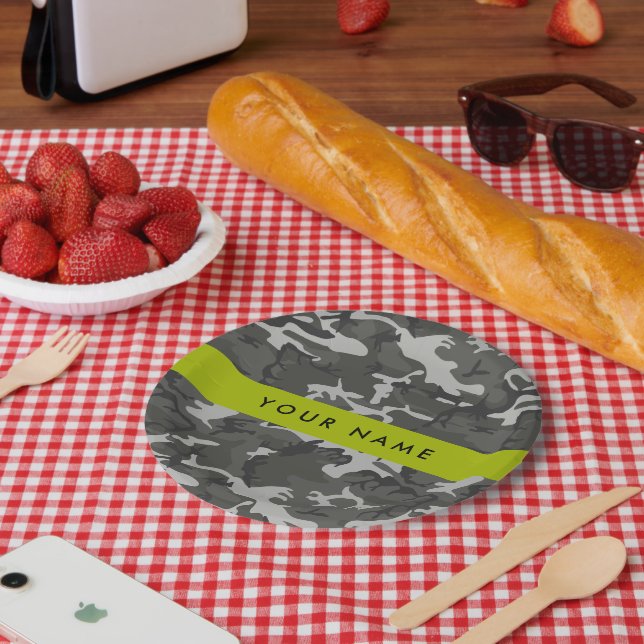 Grey Camouflage Pattern, Your name, Personalise Paper Plate (Picnic)
