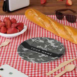 Grey Camouflage Pattern, Your name, Personalise Paper Plate