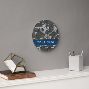 Grey Camouflage Pattern, Your name, Personalise Round Clock
