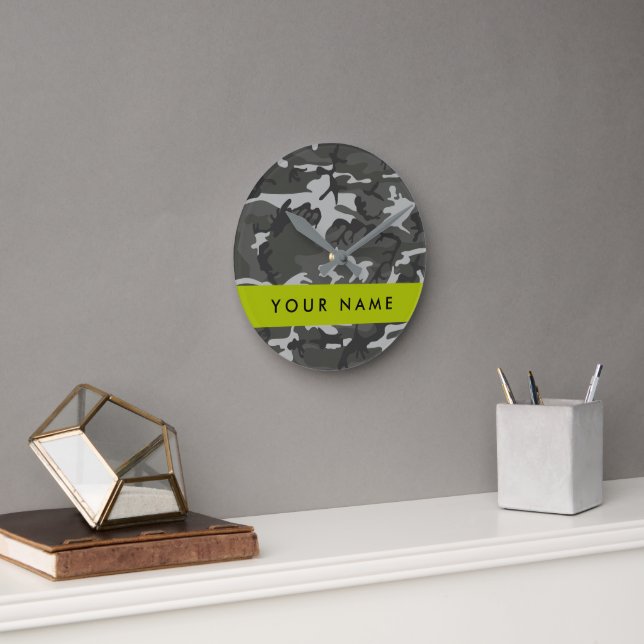 Grey Camouflage Pattern, Your name, Personalise Round Clock (Office)