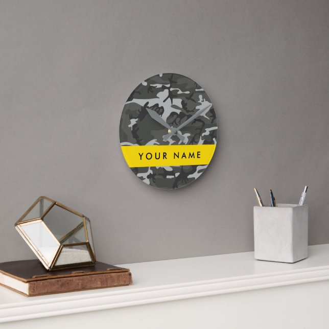 Grey Camouflage Pattern, Your name, Personalise Round Clock (Office)