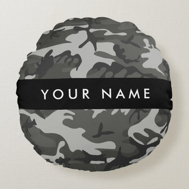 Grey Camouflage Pattern, Your name, Personalise Round Cushion (Front)