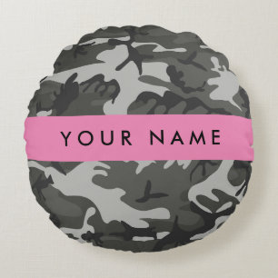 Grey Camouflage Pattern, Your name, Personalise Round Cushion