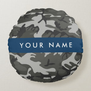 Grey Camouflage Pattern, Your name, Personalise Round Cushion