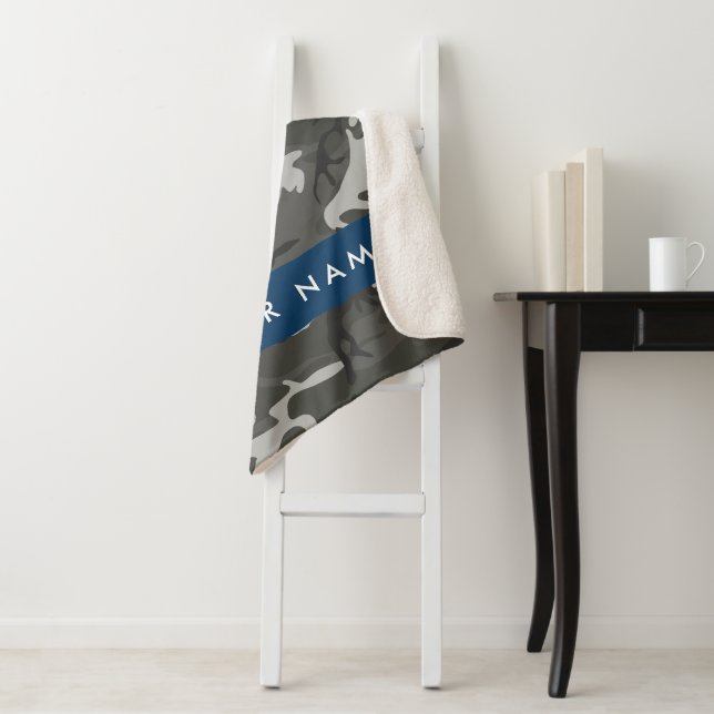 Grey Camouflage Pattern, Your name, Personalise Sherpa Blanket (In Situ)