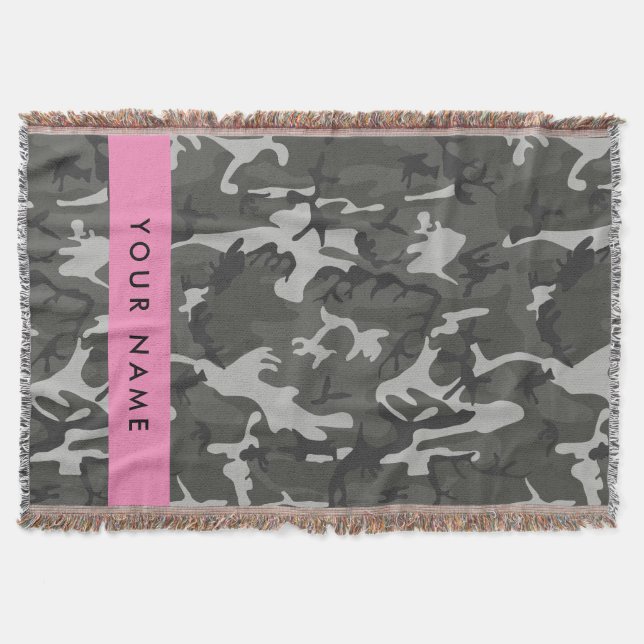 Grey Camouflage Pattern, Your name, Personalise Throw Blanket (Front)