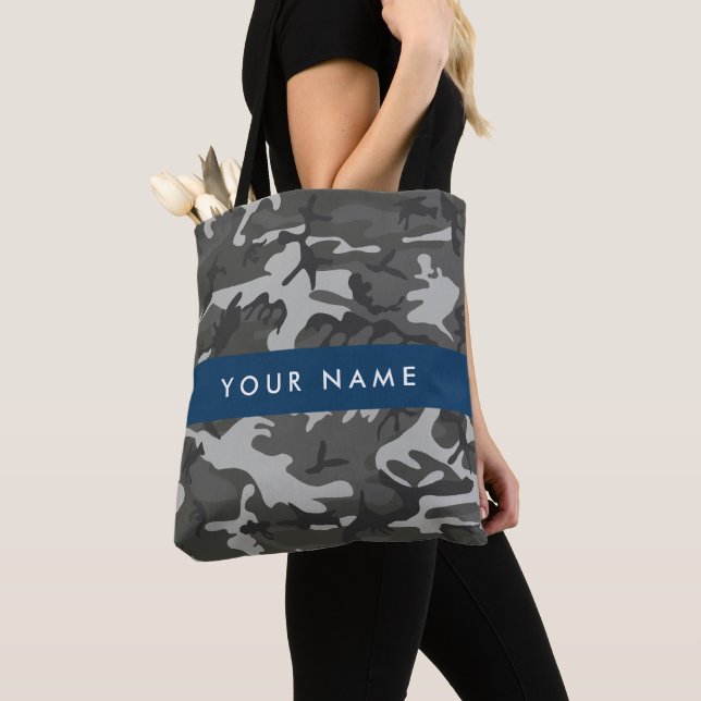 Grey Camouflage Pattern, Your name, Personalise Tote Bag (Close Up)