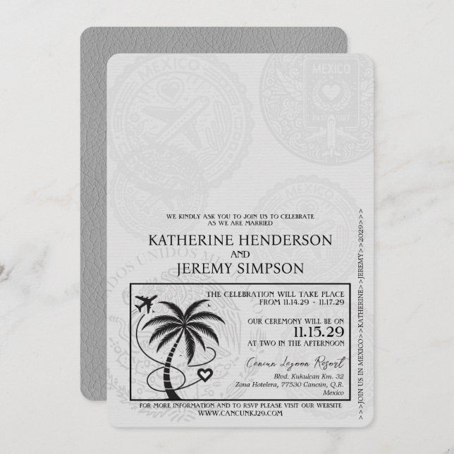 Grey Cancun Passport Wedding Invitation (Front/Back)