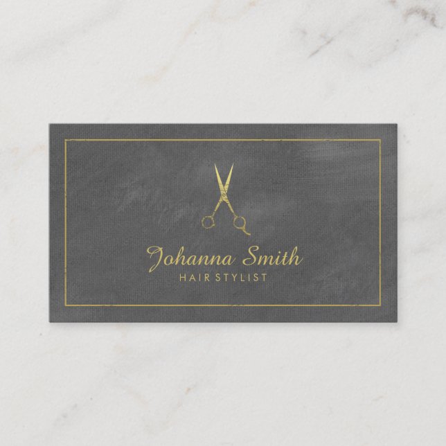 Grey Canvas Golden Frame & Scissors Hairstylist Appointment Card (Front)