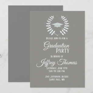 Grey Cap & Leaves Grad Invitation 5" x 7"