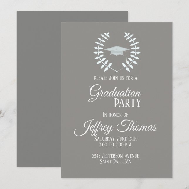 Grey Cap & Leaves Grad Invitation 5" x 7" (Front/Back)