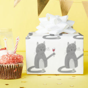 Grey Cat and Mouse with Wine Wrapping Paper