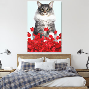 grey cat and red roses canvas print