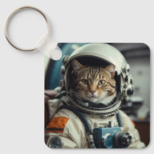 Grey Cat Astronaut in Outer Space Key Ring