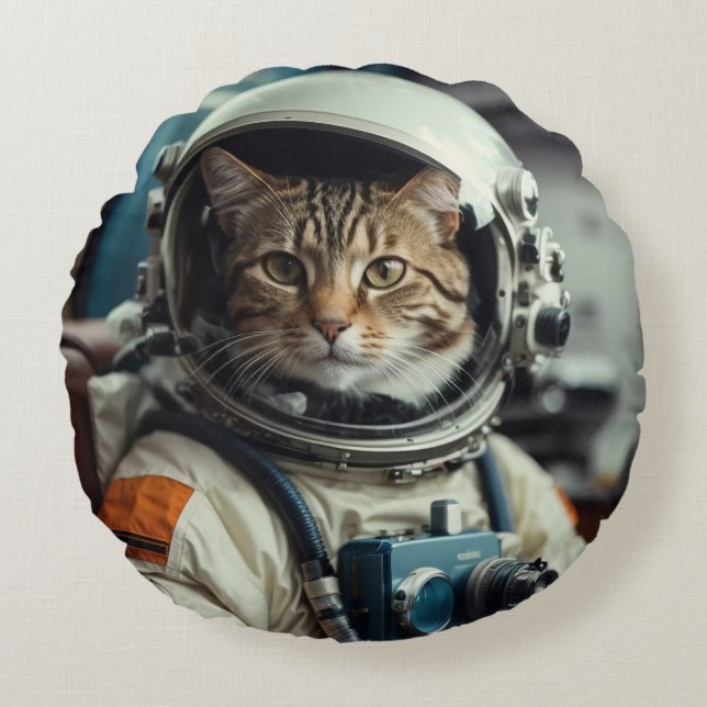 Grey Cat Astronaut in Outer Space Round Cushion (Front)