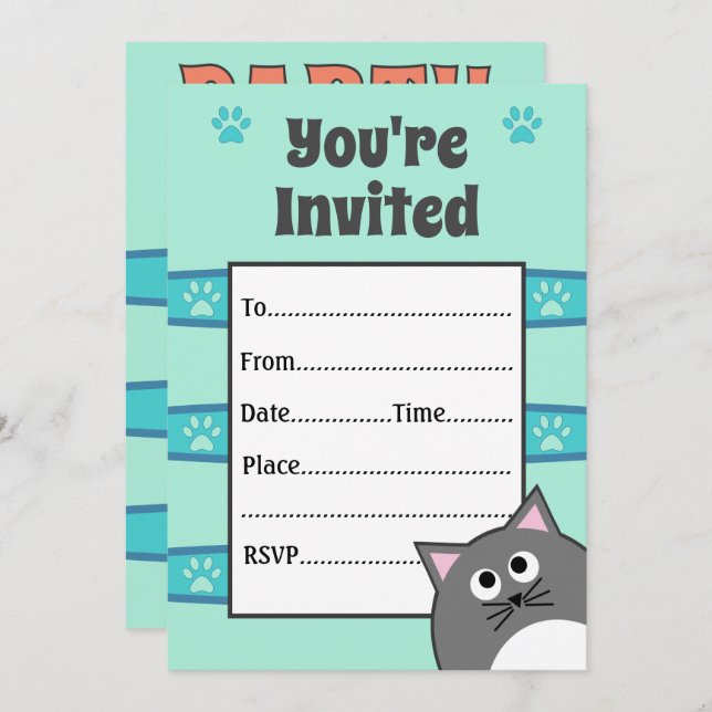 Grey Cat Birthday Party Invitation (Front/Back)