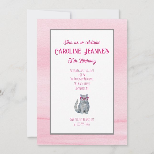 Grey Cat, Bright Pink, 50 & Fabulous, Birthday Invitation (Back)