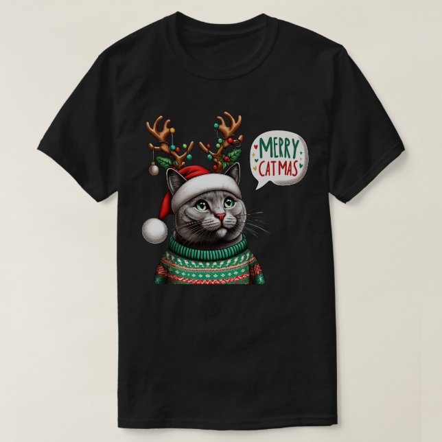Grey Cat Christmas T-Shirt (Design Front)