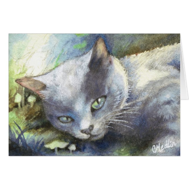 Grey Cat cute kitten animal painting realism Card (Front Horizontal)