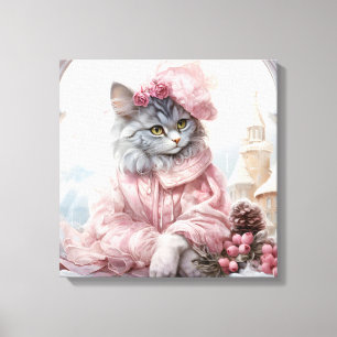 Grey Cat Dressed In Pink  In A Window Canvas Print