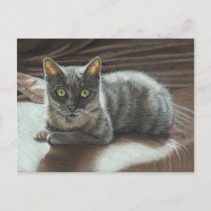 Grey Cat Green Eyes on Bed Postcard KMCoriginals