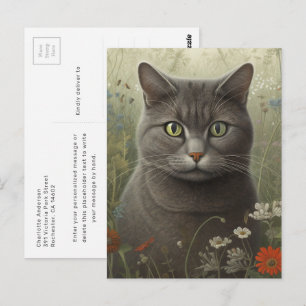 Grey Cat In A Garden Postcard