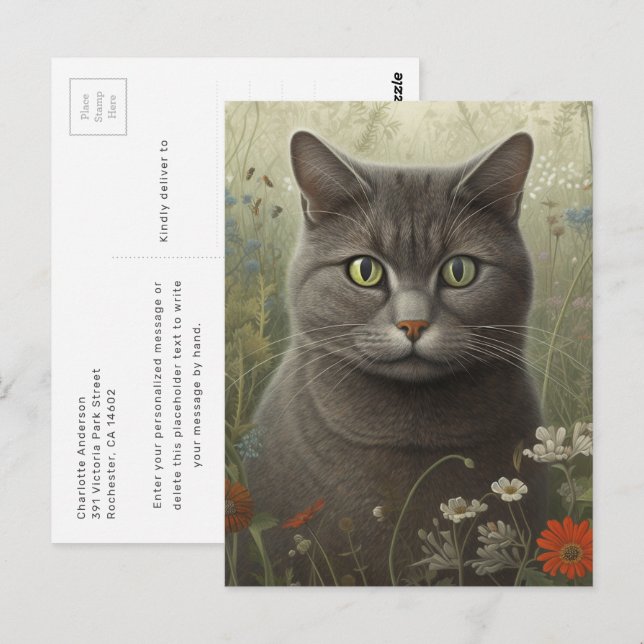 Grey Cat In A Garden Postcard (Front/Back)